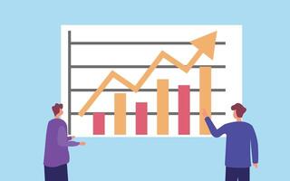 Two people are looking at a chart on a whiteboard vector
