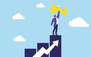 Businessman holding trophy on top of bar graph vector