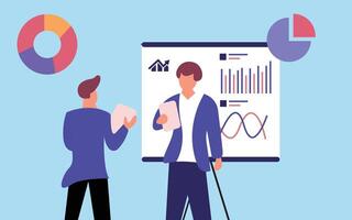 Two people are standing in front of a whiteboard with graphs and charts vector