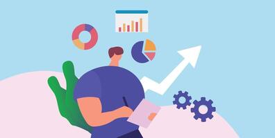 A man is holding a pen and a graph is on the screen vector