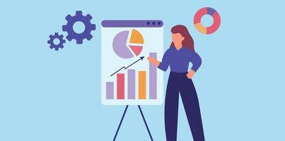 A woman is standing next to a board with a chart on it vector