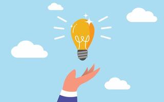 A hand holding a light bulb with clouds in the background vector