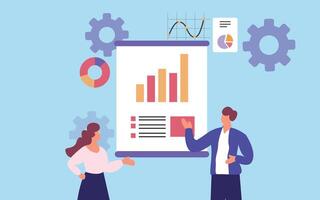 Business people standing in front of a presentation board with graphs and charts vector