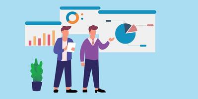 Two people are standing next to a board with graphs and charts vector