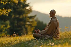 A man meditating in the grass with mountains in the background photo