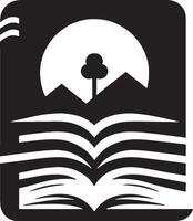 A black and white logo of an open book with a tree in the background vector