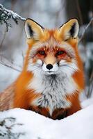 Alone red fox sitting in the snow photo