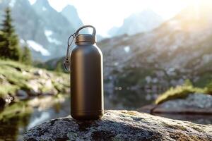 A water bottle sitting on a rock near a lake photo
