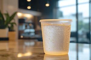 A plastic cup with water sitting on a counter photo