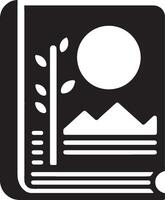 A black and white image of a book with a tree and mountains vector