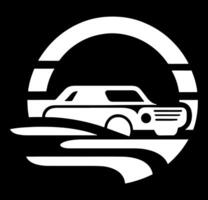 A car is shown in a circle with a sun in the background vector