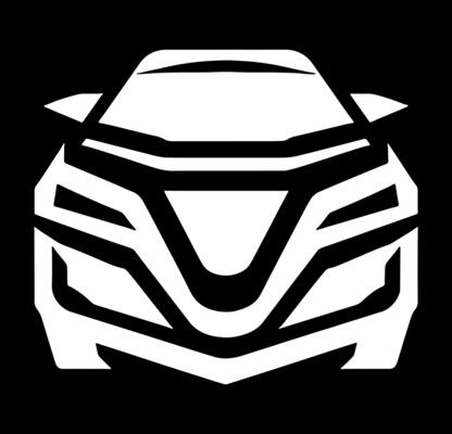 A white car icon on a black background