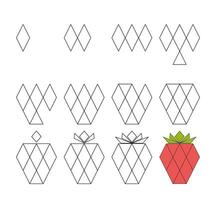 How to draw step by step Worksheet easy guide to drawing cartoon strawberry. Developing kids skills for drawing and coloring. vector