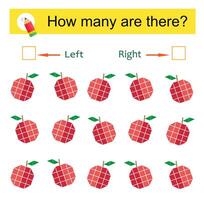 Math activity for kids. Developing numeracy skills. Cartoon apple. vector