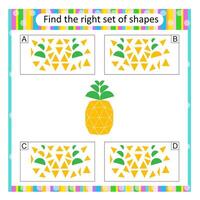 Puzzle for kids. Attention task. Find the correct set of cartoon pineapple. Answer is D. vector