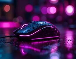 Illuminated Computer Mouse with Neon Lighting on Dark Surface photo