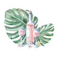 Wine bottle and two glasses on the background of leaves. Isolated watercolor illustration on the theme of tropical vacation for cafes menu design, postcard printing, wedding invitations and parties. png