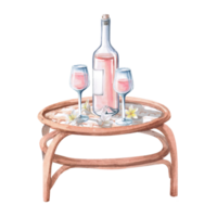 Two glasses of wine and a bottle standing on a table. Isolated watercolor illustration on the theme of rest for restaurant design, menus, tourist brochures, printing on fabric and textiles. png