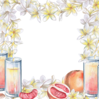 Square frame with glasses of juice, grapefruit on the background of plumeria. Isolated watercolor illustration on the theme of a party for the design of a restaurant menu, printing on posters. png
