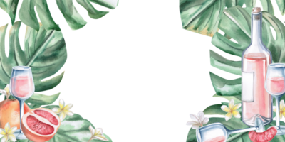 Rectangular frame with a bottle of wine and glasses on a background of tropical leaves. Isolated watercolor illustration on the theme of a party for decorating invitations, menus, posters. png