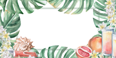Rectangular frame with leaves, flowers, glasses with juice, shell and sunscreen. Isolated watercolor illustration on the theme of a beach party for decorating invitations, menus, posters. png