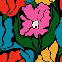 Retro style seamless floral pattern. Groovy colorful background with abstract plants silhouette. Poppies flowers. Vintage texture with tulips. Decorative simple botanical pattern vector