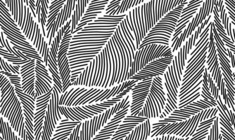 Black and white pattern with tropical leaves. Winter linear botanical pattern. Line illustration with tree branches and leaves on white background. Needles texture vector