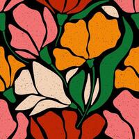 Retro style seamless floral pattern. Groovy colorful background with abstract plants silhouette. Poppies flowers. Vintage texture with tulips. Decorative simple botanical pattern with grainy texture. vector