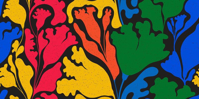 Retro style seamless floral pattern. Groovy colorful background with abstract plants silhouette. Poppies flowers. Vintage texture. Decorative simple botanical pattern with grainy texture