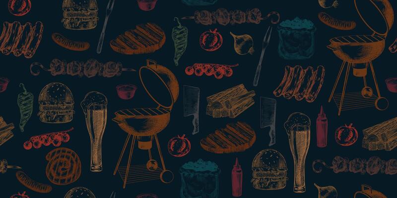 Seamless pattern with grilled meat and bbq equipment. Background with bbq food and tool. Hand drawn grilled steak, sausage, ribs, vegetables, burger. Charcoal and wood for grilling. Kitchen utensils