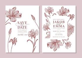 Set of wedding invitation cards. White and brown templates with linear flowers and leaves. Save the date. Layout design with botanical elements and handwritten typography. Line art vector