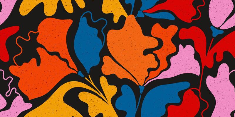 Retro style seamless floral pattern. Groovy colorful background with abstract plants silhouette. Poppies flowers. Vintage texture with tulips. Decorative simple botanical pattern with grainy texture