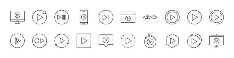 Bundle of Play Sign Related Line Icons. Outline Signs for Graphic and Web Design, Apps, Adverts, Various Cards vector