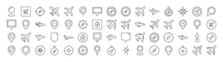 Set of Plane, Map Pin, Compass Related Line Icons. Outline Signs for Graphic and Web Design, Apps, Adverts, Various Cards vector