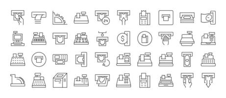 Pack of Money Related Line Icons. Cash Register and Receipt Outline Signs for Graphic and Web Design, Apps, Adverts, Various Cards vector