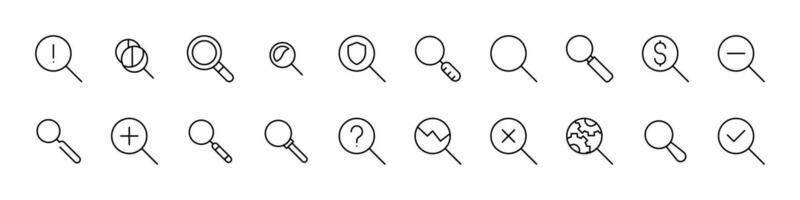 Pack of Line Icons of Magnifying Glass. Minimalistic Linear Pictogram for Web and Graphic Design, Apps, Banners, Social Network and Cards vector