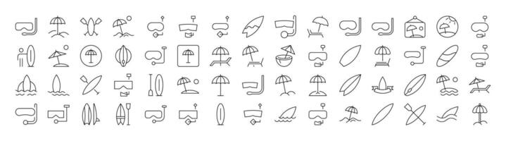 Bundle of Diving Mask, Surfboard, Umbrella, Beach Related Line Icons. Outline Signs for Graphic and Web Design, Apps, Adverts, Various Cards vector