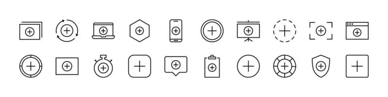 Plus or Add Pack of Thin Icons. Editable Stroke. Perfect for Web Sites, Books, Cards, Apps vector