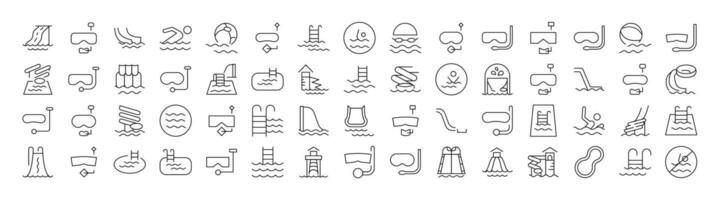 Bundle of Water Park, Aquapark, Swimming Pool, Diving Related Line Icons. Outline Signs for Graphic and Web Design, Apps, Adverts, Various Cards vector