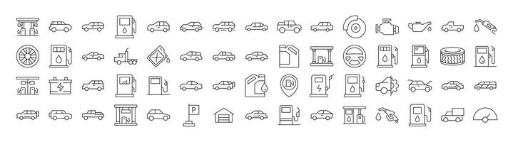 Pack of Car, Gas Station, Road Related Line Icons. Outline Signs for Graphic and Web Design, Apps, Adverts, Various Cards vector