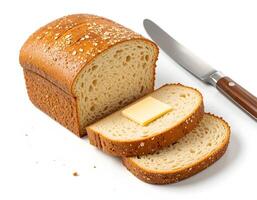 Slicing Bread with Buttered Slice and a Knife on White photo