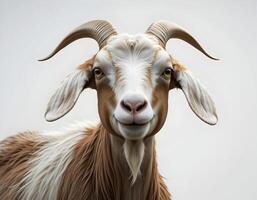 Smiling Goat Portrait with Horns and White Fur photo