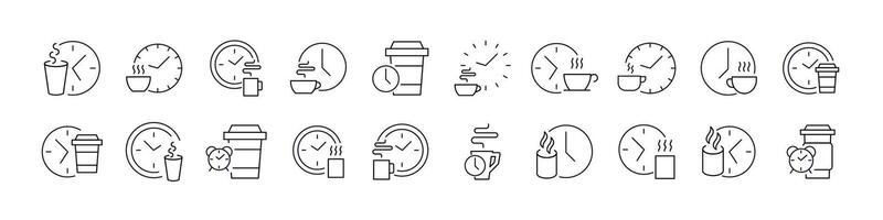 Collection of Coffee Break Related Line Icons. Coffee and Clock Outline Signs for Graphic and Web Design, Apps, Adverts, Various Cards vector