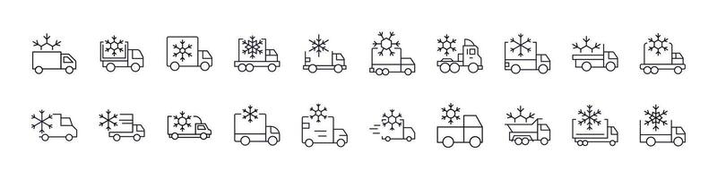 Pack of Delivery Truck with Snow Related Line Icons. Outline Signs for Graphic and Web Design, Apps, Adverts, Various Cards vector