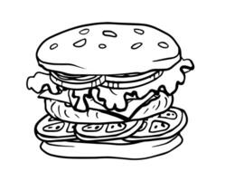 burger with cheese, onion, cutlet, tomatoes, lettuce, hamburger hand drawn illustration sketch retro style. linear trendy illustration vector