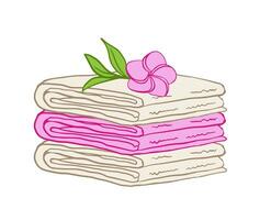 Stack of folded spa towels with a pink frangipani flower and green leaves. Ideal for wellness branding, massage ads, or relaxing atmosphere visuals. vector
