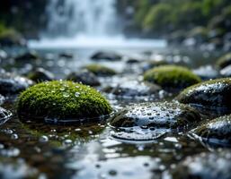 Mossy Rocks in Stream with Waterfall Background photo