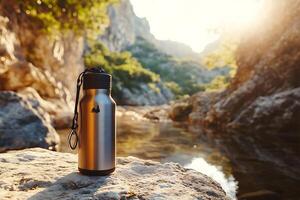A water bottle sitting on a rock near a river photo