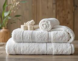 Stacked White Towels and Soap on Wooden Table Surface photo