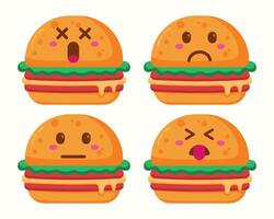 Burger emoji character with different expressions isolated vector